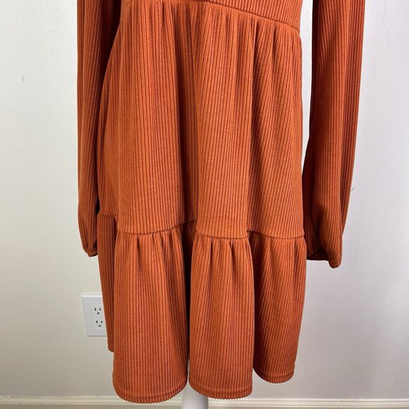 Cupshe Dress Ribbed Burnt Orange Tiered Long Balloon Sleeves Milk Maid XL Fall - Picture 3 of 12